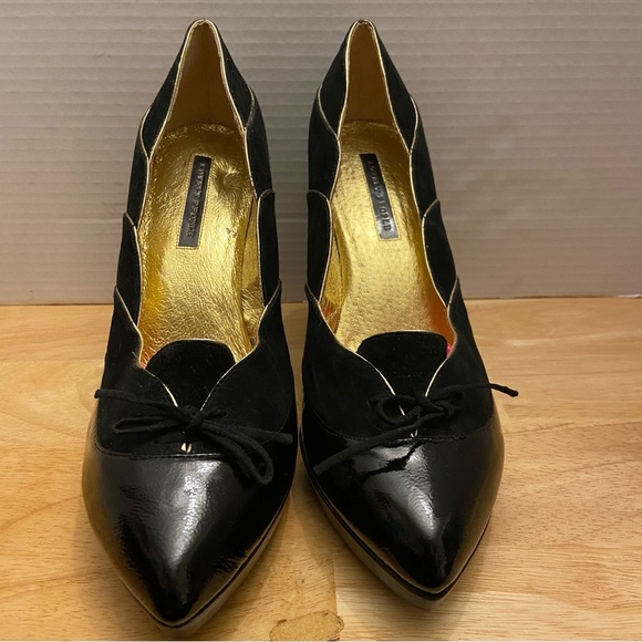 Lovely People Black And Gold Foil Scalloped Pointy Toe High Heel Shoes Size 10. - Picture 1 of 10
